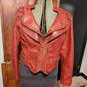 Women's Red Faux Leather Jacket with Studded Accents